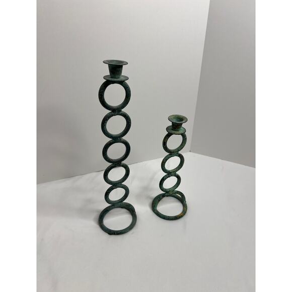 Set of 2 Green Tone Cast Iron Candle Holders, Unique Style! - Picture 7 of 7